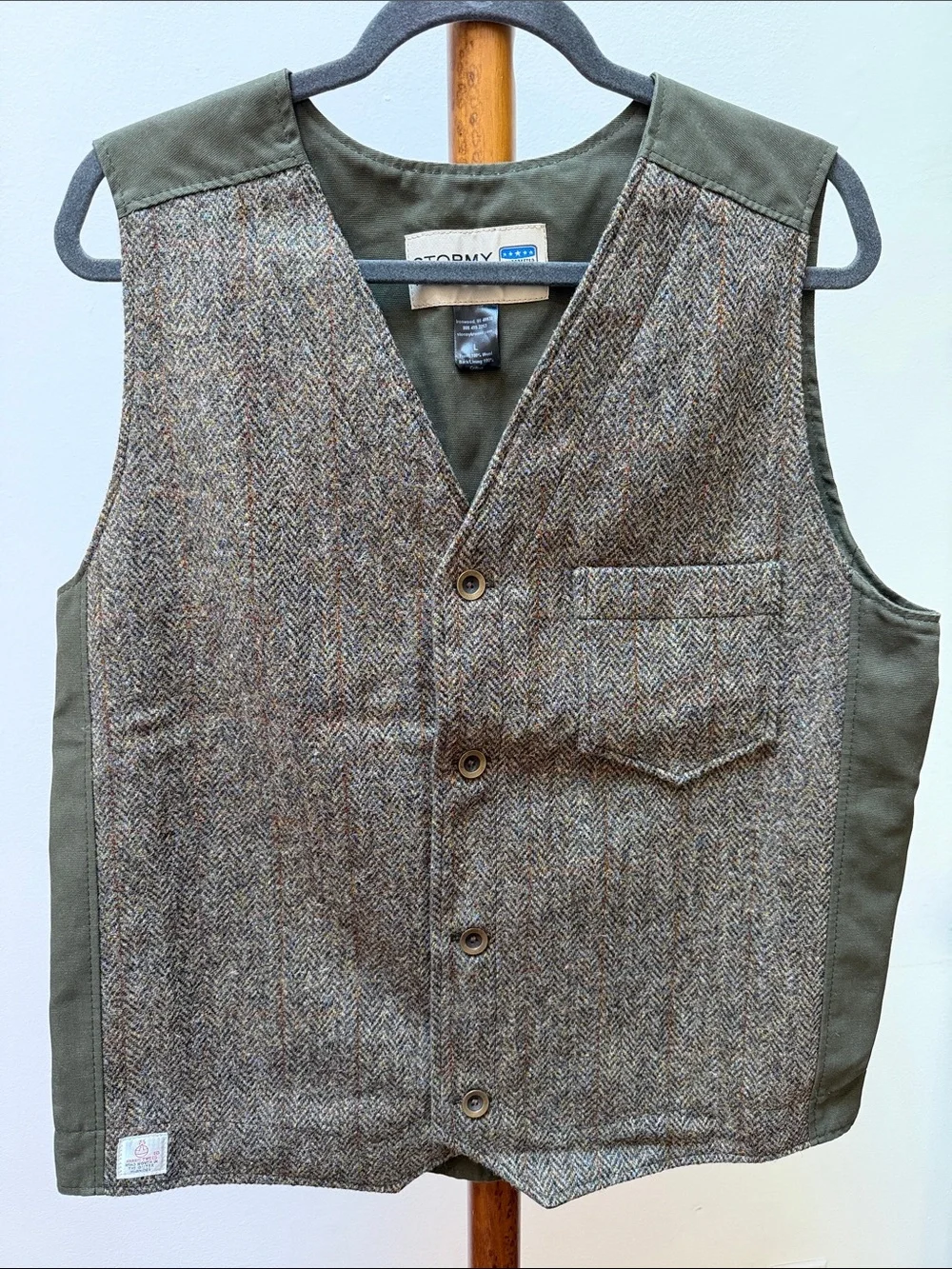Stormy Kromer Harris Wool Tweed Uptown Herringbone Men's Vest Olive & Brown Sz L